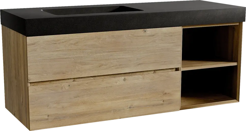 Storke Edge hängendes Möbelstück Set: 140 x 52 cm, Rohe Eiche, mit Scuro High Waschtisch links, Quarz Schwarz matt Wochenendangebot