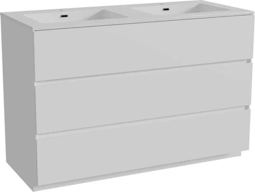 Abverkauf Storke Edge freistehendes Möbelstück Set: 120 x 52 cm, Weiß matt, mit Diva Doppelwaschtisch, Marmorkomposit Weiß glänzend