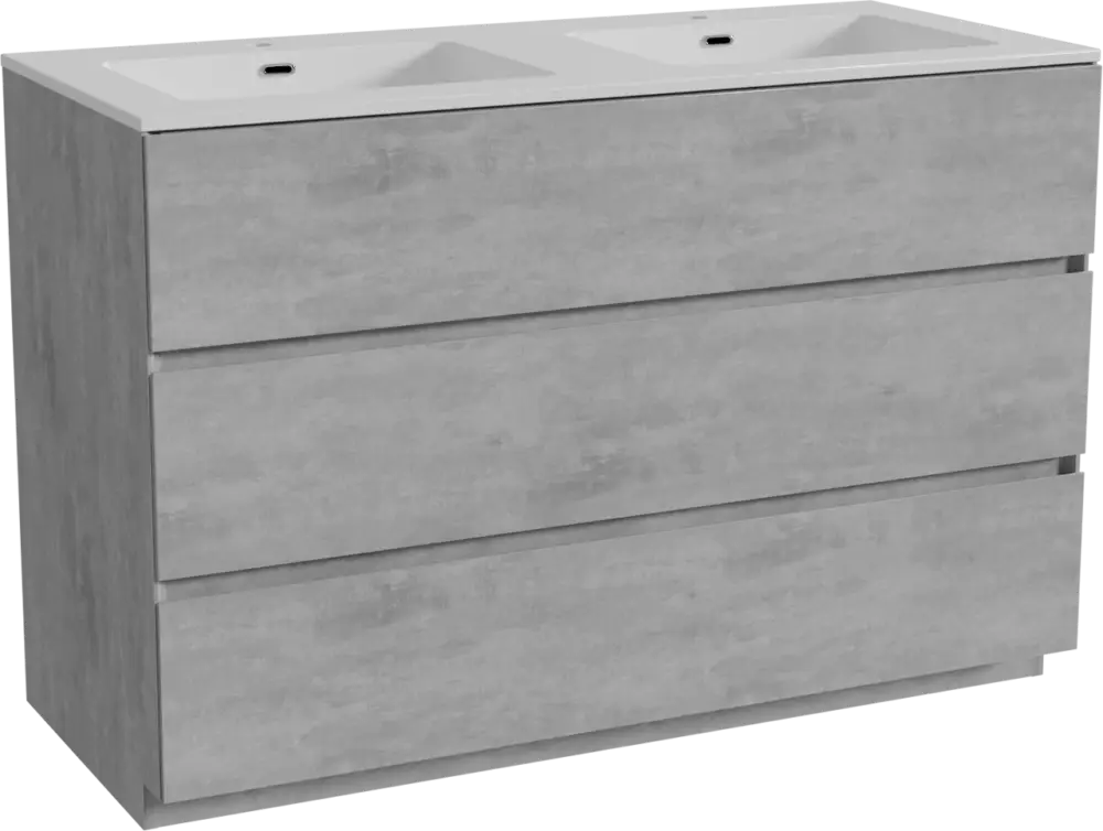 Zertifiziert Storke Edge freistehendes Möbelstück Set: 120 x 52 cm, Beton dunkelgrau, mit Diva Doppelwaschtisch, Marmorkomposit Weiß glänzend