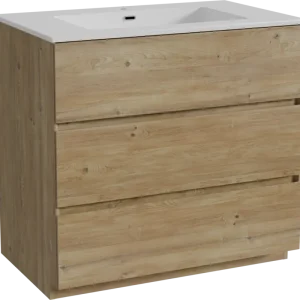 Top-Seller Storke Edge freistehendes Möbelstück Set: 85 x 52 cm, Rohe Eiche, mit Diva Einzelwaschtisch, Marmorkomposit Weiß glänzend