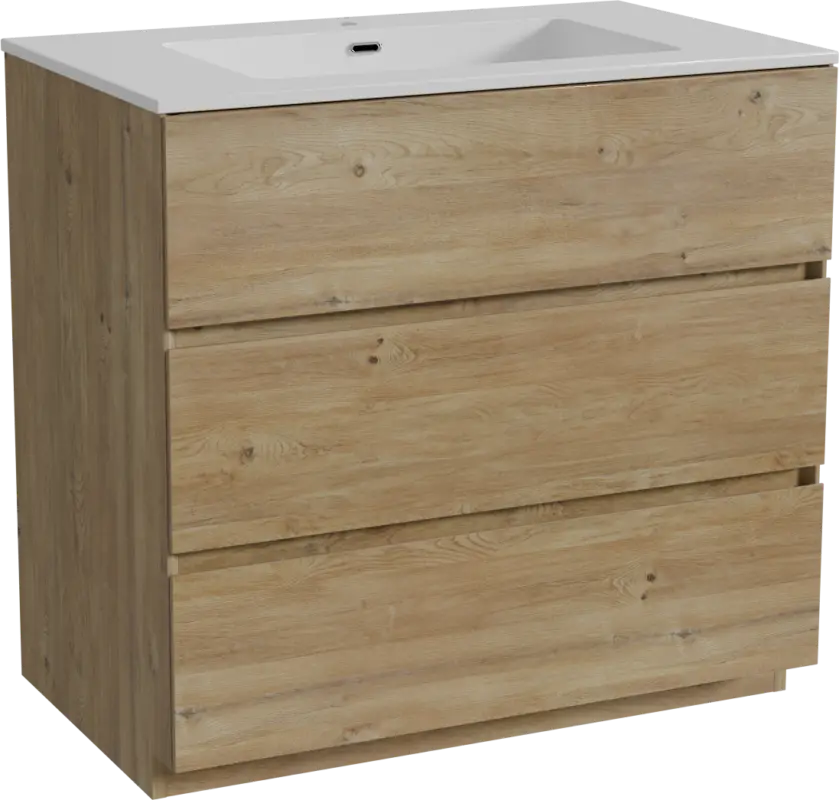 Top-Seller Storke Edge freistehendes Möbelstück Set: 85 x 52 cm, Rohe Eiche, mit Diva Einzelwaschtisch, Marmorkomposit Weiß glänzend