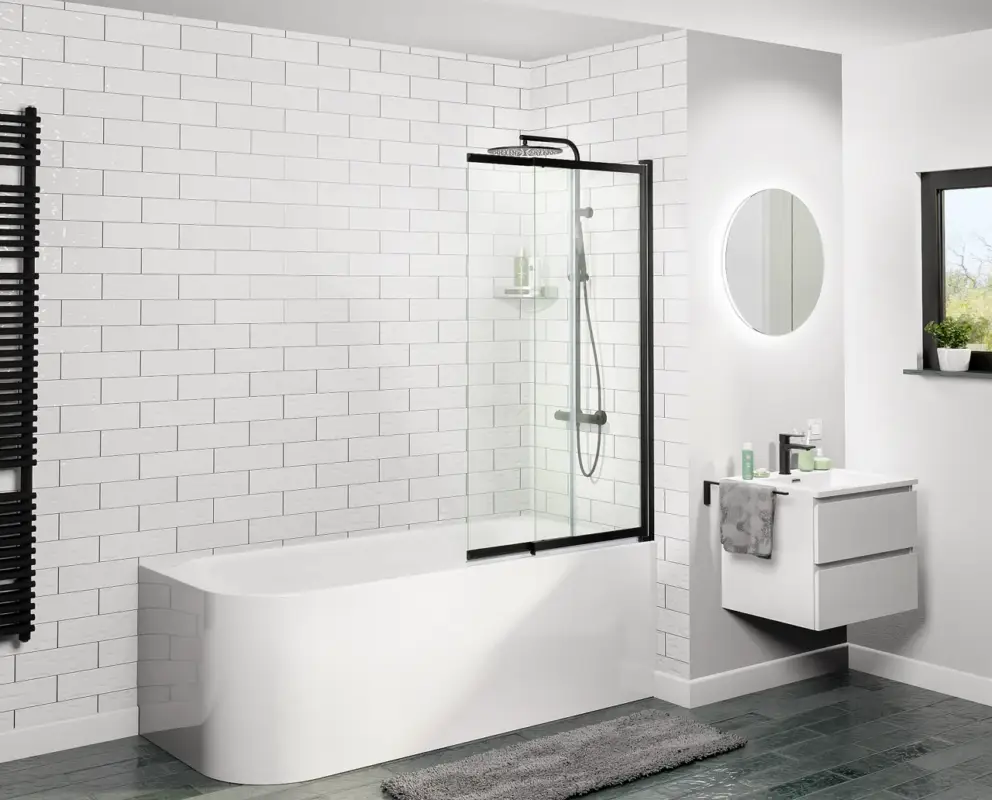 Heißes Angebot Luca Varess Vetras erweiterbare Badewannenaufsatz 100 cm, Klarglas, Schwarzes Profil