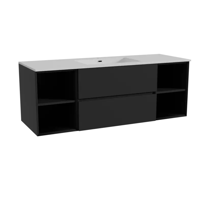 Abverkauf Storke Edge hängendes Möbelstück Set: 145 x 52 cm, Schwarz matt, mit Diva Einzelwaschtisch, Marmorkomposit Weiß glänzend