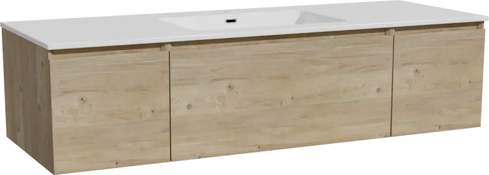 Neue Ware Storke Edge hängendes Möbelstück Set: 145 x 52 cm, Rohe Eiche, mit Diva Einzelwaschtisch, Marmorkomposit Weiß glänzend