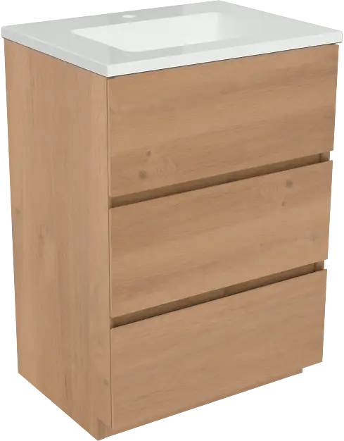 Storke Edge freistehendes Möbelstück Set: 60 x 46 cm, Rohe Eiche, mit Diva Einzelwaschtisch, Marmorkomposit Weiß glänzend Direktkauf