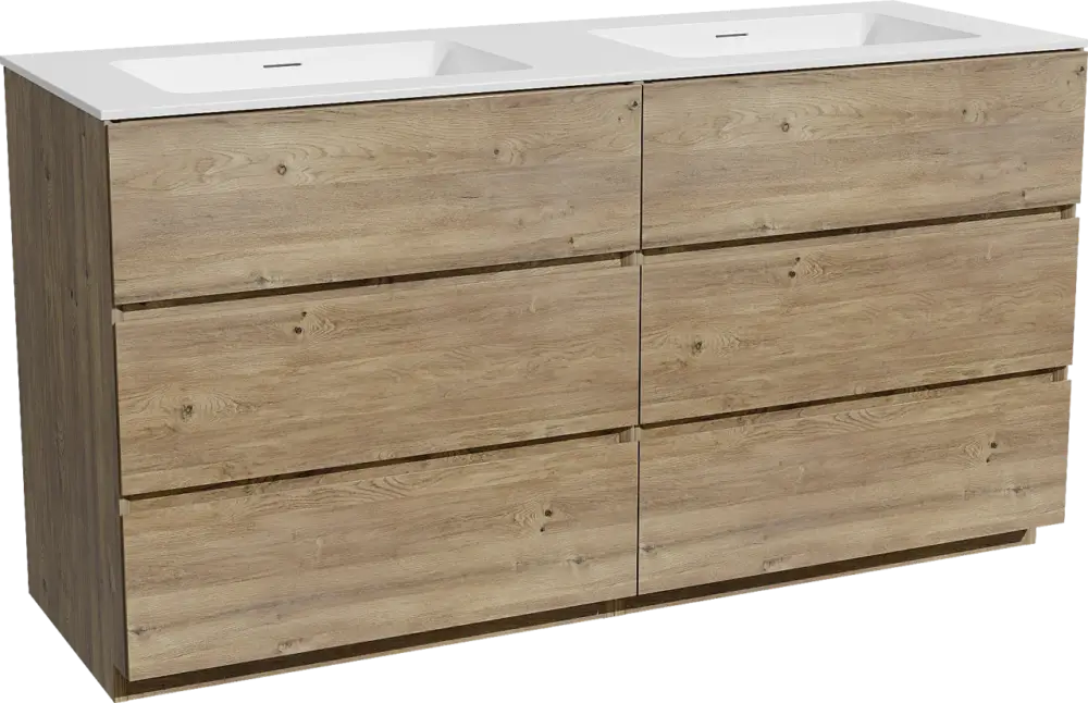 Sale Storke Edge freistehendes Möbelstück Set: 150 x 52 cm, Rohe Eiche, mit Mata Doppelwaschtisch, Solid Surface Weiß matt