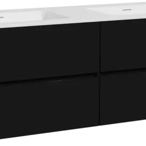 Zertifiziert Storke Edge hängendes Möbelstück Set: 150 x 52 cm, Schwarz matt, mit Mata Doppelwaschtisch, Solid Surface Weiß matt