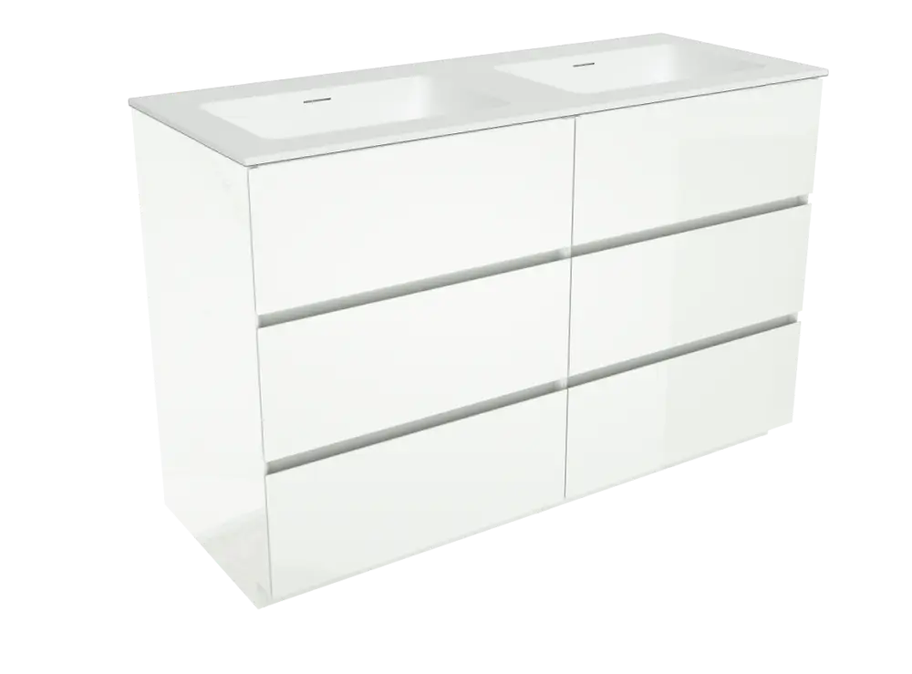 Storke Edge freistehendes Möbelstück Set: 130 x 52 cm, Weiß glänzend, mit Mata Doppelwaschtisch, Solid Surface Weiß matt Preisknaller