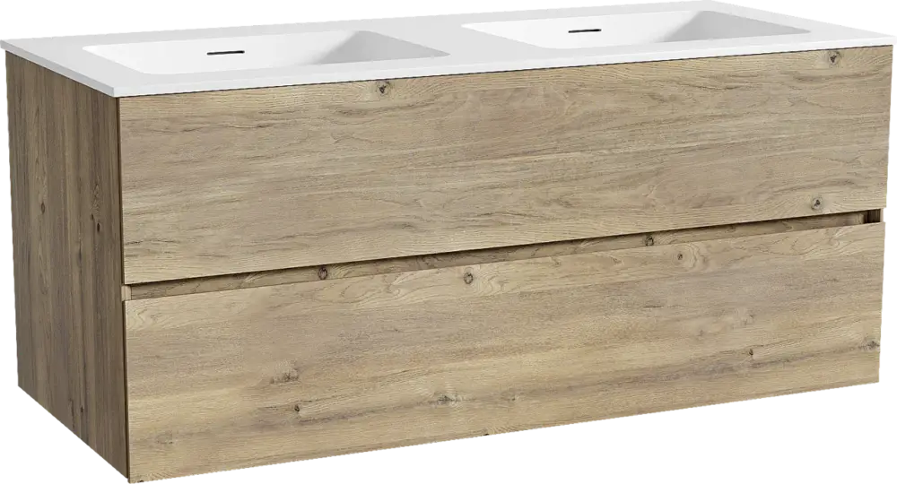 Markenware Storke Edge hängendes Möbelstück Set: 120 x 52 cm, Rohe Eiche, mit Mata Doppelwaschtisch, Solid Surface Weiß matt