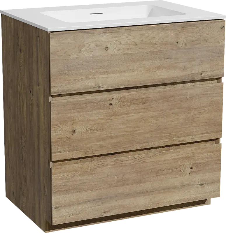 Wochenendangebot Storke Edge freistehendes Möbelstück Set: 75 x 52 cm, Rohe Eiche, mit Mata Einzelwaschtisch, Solid Surface Weiß matt