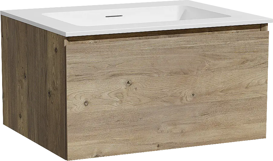 Kracherpreis Storke Edge hängendes Möbelstück Set: 65 x 52 cm, Rohe Eiche, mit Mata Einzelwaschtisch, Solid Surface Weiß matt