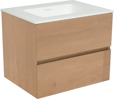 Abverkauf Storke Edge hängendes Möbelstück Set: 60 x 46 cm, Rohe Eiche, mit Mata Einzelwaschtisch, Solid Surface Weiß matt