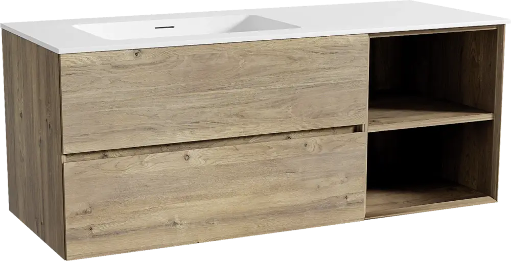 Wochenendangebot Storke Edge hängendes Möbelstück Set: 130 x 52 cm, Rohe Eiche, mit Mata Waschtisch links, Solid Surface Weiß matt
