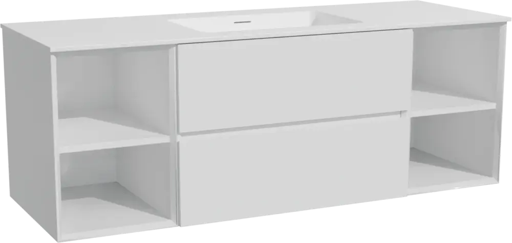 Abverkauf Storke Edge hängendes Möbelstück Set: 145 x 52 cm, Weiß glänzend, mit Mata Einzelwaschtisch, Solid Surface Weiß matt