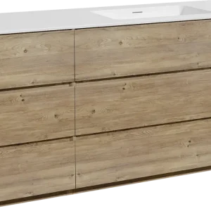 Top-Seller Storke Edge freistehendes Möbelstück Set: 150 x 52 cm, Rohe Eiche, mit Mata Waschtisch rechts, Solid Surface Weiß matt
