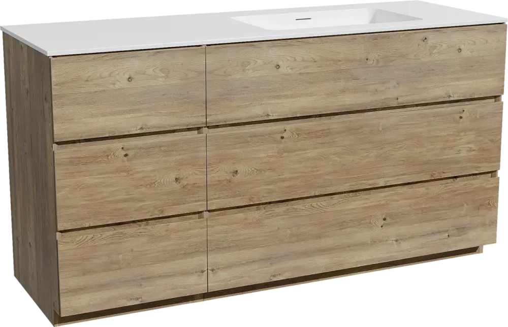 Top-Seller Storke Edge freistehendes Möbelstück Set: 150 x 52 cm, Rohe Eiche, mit Mata Waschtisch rechts, Solid Surface Weiß matt