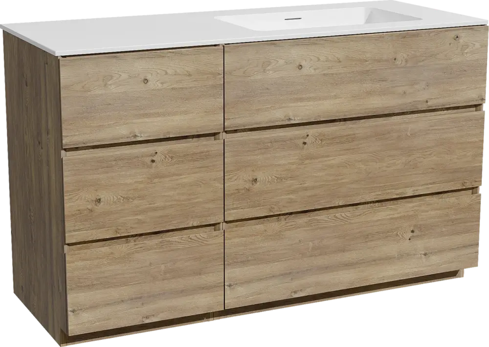 Markenprodukt Storke Edge freistehendes Möbelstück Set: 130 x 52 cm, Rohe Eiche, mit Mata Waschtisch rechts, Solid Surface Weiß matt
