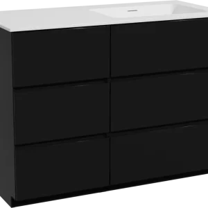 Zertifiziert Storke Edge freistehendes Möbelstück Set: 110 x 52 cm, Schwarz matt, mit Mata Waschtisch rechts, Solid Surface Weiß matt