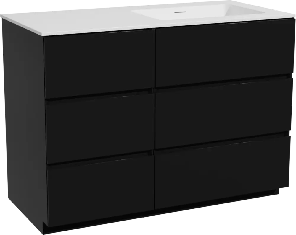 Zertifiziert Storke Edge freistehendes Möbelstück Set: 110 x 52 cm, Schwarz matt, mit Mata Waschtisch rechts, Solid Surface Weiß matt