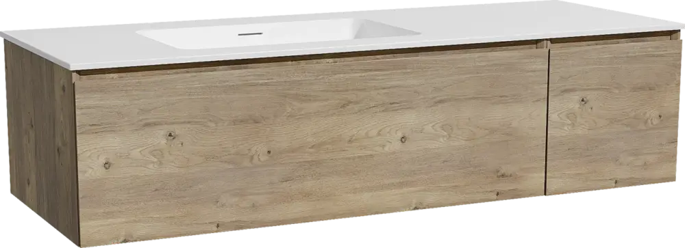 Kracherpreis Storke Edge hängendes Möbelstück Set: 140 x 52 cm, Rohe Eiche, mit Mata Waschtisch links, Solid Surface Weiß matt