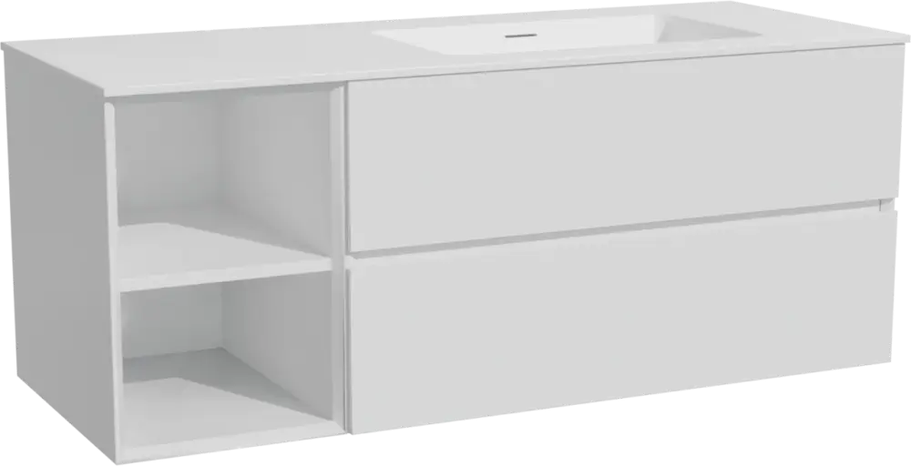 Top-Seller Storke Edge hängendes Möbelstück Set: 130 x 52 cm, Weiß matt, mit Mata Waschtisch rechts, Solid Surface Weiß matt