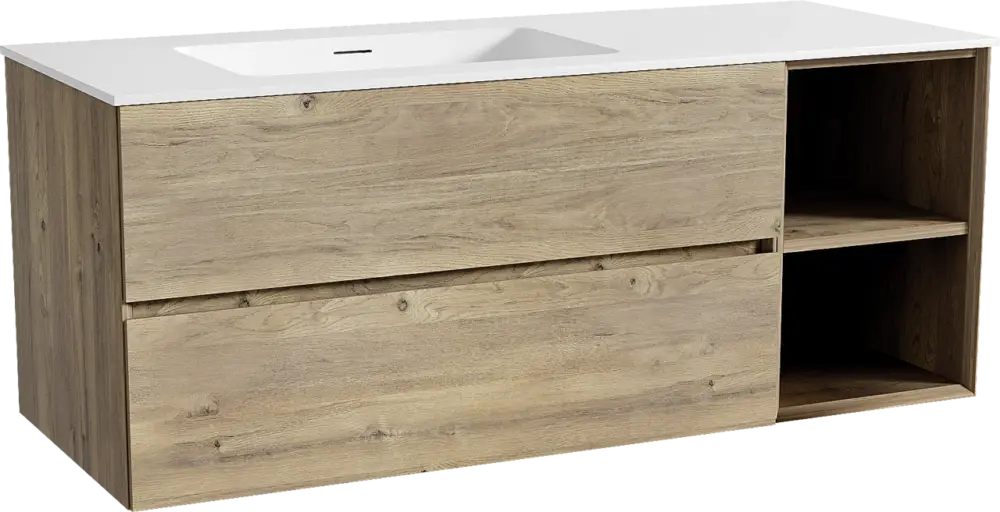 Schneller Versand Storke Edge hängendes Möbelstück Set: 130 x 52 cm, Rohe Eiche, mit Mata Waschtisch links, Solid Surface Weiß matt
