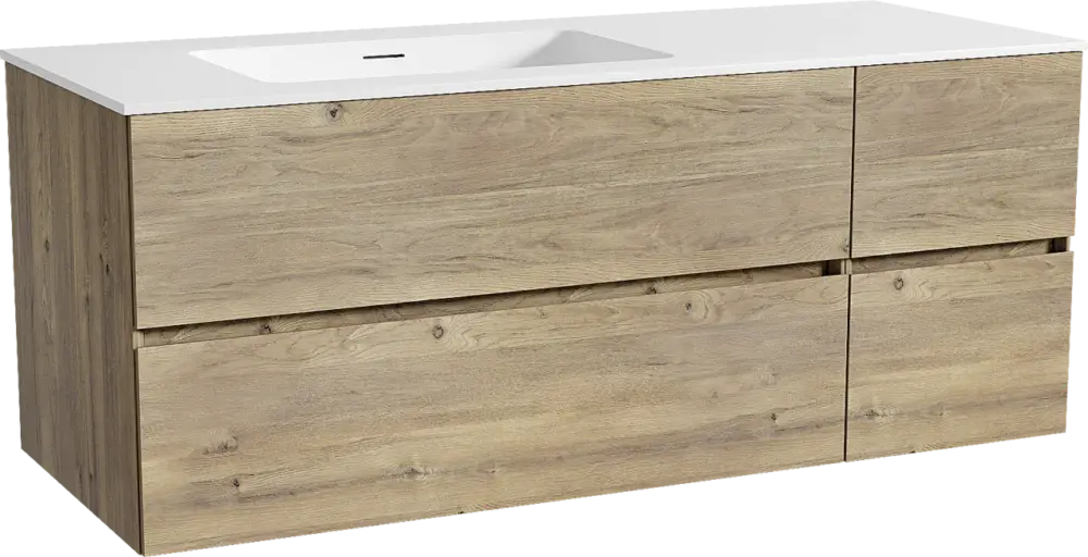 Storke Edge hängendes Möbelstück Set: 130 x 52 cm, Rohe Eiche, mit Mata Waschtisch links, Solid Surface Weiß matt Begrenztes Angebot