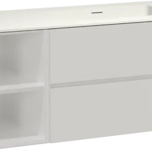 Zertifiziert Storke Edge hängendes Möbelstück Set: 120 x 52 cm, Weiß glänzend, mit Mata Waschtisch rechts, Solid Surface Weiß matt