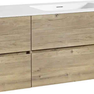 Zertifiziert Storke Edge hängendes Möbelstück Set: 120 x 52 cm, Rohe Eiche, mit Mata Waschtisch rechts, Solid Surface Weiß matt