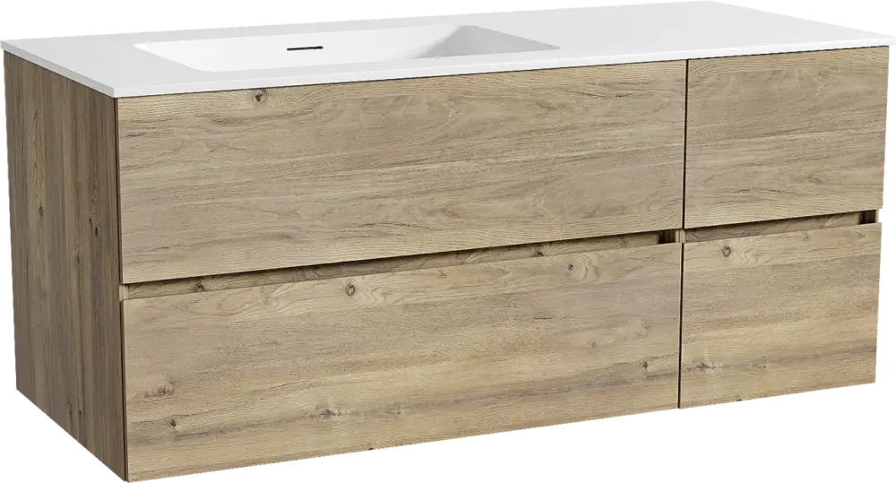 Aktuell Storke Edge hängendes Möbelstück Set: 120 x 52 cm, Rohe Eiche, mit Mata Waschtisch links, Solid Surface Weiß matt