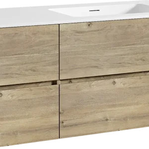 Abverkauf Storke Edge hängendes Möbelstück Set: 110 x 52 cm, Rohe Eiche, mit Mata Waschtisch rechts, Solid Surface Weiß matt