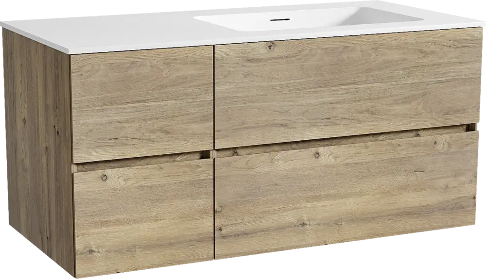 Abverkauf Storke Edge hängendes Möbelstück Set: 110 x 52 cm, Rohe Eiche, mit Mata Waschtisch rechts, Solid Surface Weiß matt