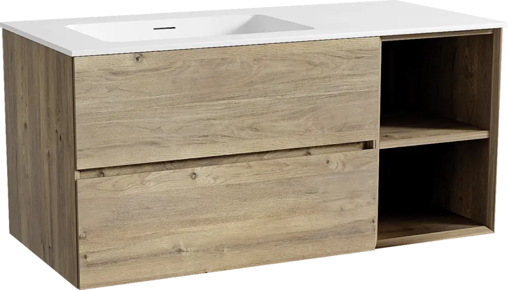 Top-Seller Storke Edge hängendes Möbelstück Set: 110 x 52 cm, Rohe Eiche, mit Mata Waschtisch links, Solid Surface Weiß matt