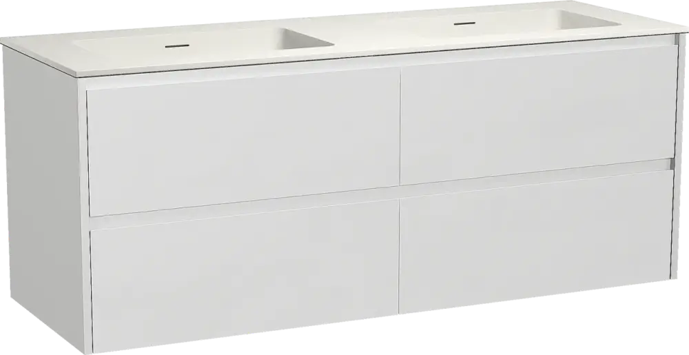 Storke Seda hängendes Möbelstück Set: 150 x 52 cm, Weiß matt, mit Mata Doppelwaschtisch, Solid Surface Weiß matt Highlight