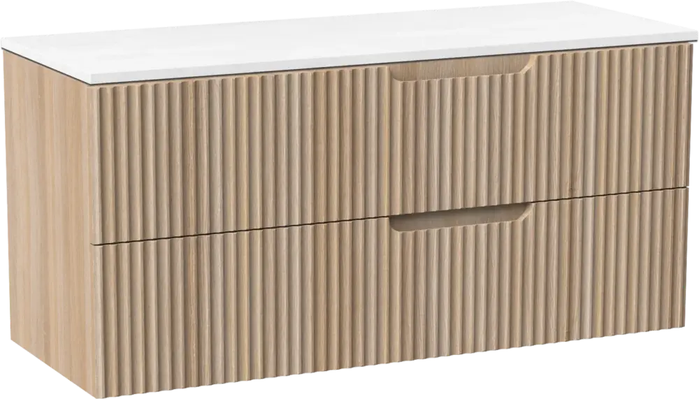Linie Ribbo hängendes Möbelstück Set: 120 x 46 cm, Helle Eiche, mit Lado Doppel Waschtischplatte, Marmorkomposit, Weiß glänzend, Vertikale symmetrische runde Rippe Nur Heute