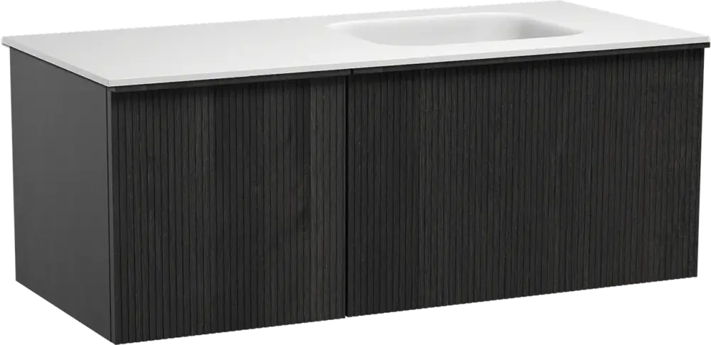 Balmani Forma hängendes Möbelstück Set: 120 x 55 cm, Schwarze Eiche, mit Tablo Arcato Waschtisch rechts, Solid Surface, Weiß matt, Vertikale symmetrische gerade Rippe Sonderaktion