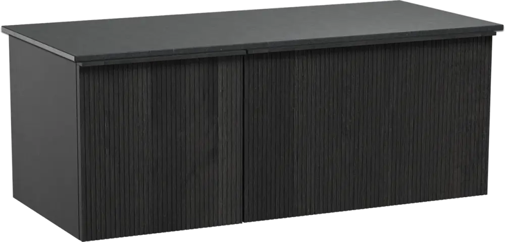 Direktkauf Balmani Forma hängendes Möbelstück Set: 120 x 55 cm, Schwarze Eiche, mit Stretto Einzel Waschtischplatte, Granit, Schwarzes Granit, Vertikale symmetrische gerade Rippe