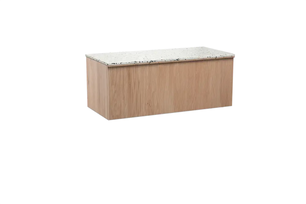 Saisonangebot Balmani Forma hängendes Möbelstück Set: 120 x 55 cm, Naturbelassene Eiche, mit Stretto Einzel- oder Doppel Waschtischplatte, Terrazzo in Weiß/Schwarz matt, Vertikale symmetrische gerade Rippe
