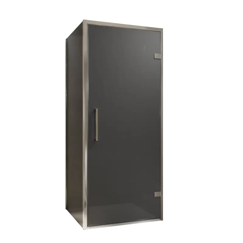 Ausverkauf Balmani Senses Design Eckdusche: Drehtür (Rechts) mit fixierte Seitenwand, 90 x 90 cm, Rauchglas, Profil Chrom
