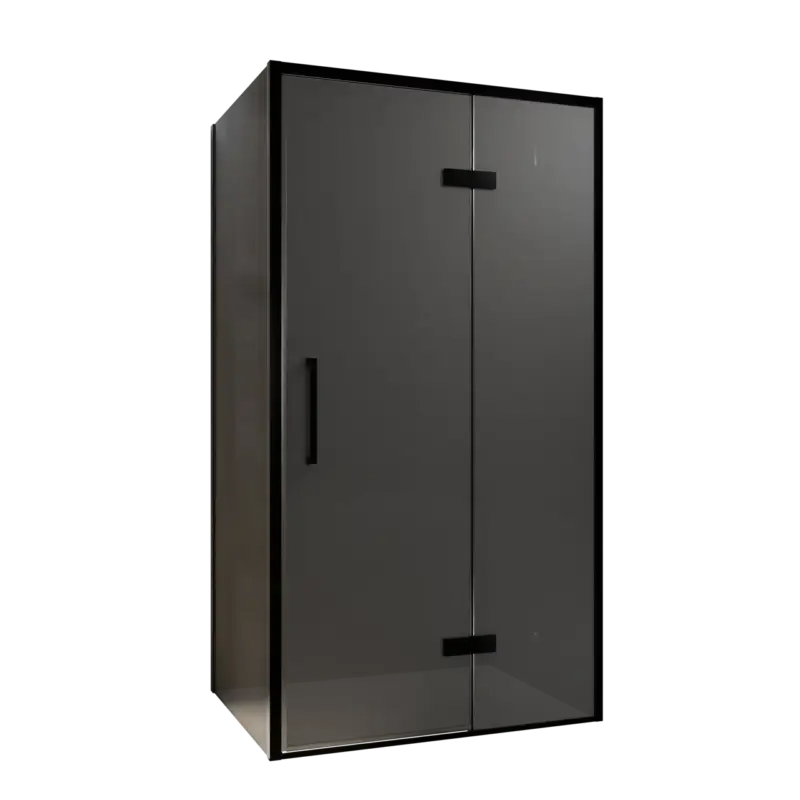 Neue Kollektion Balmani Senses Design Eckdusche: Drehtür (Rechts) mit fixierte Seitenwand, 100 x 90 cm, Rauchglas, Profil Schwarz