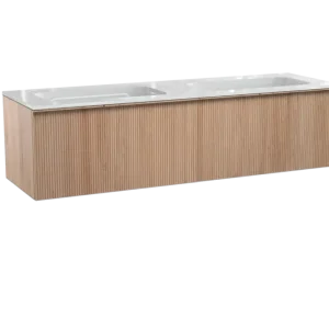 Aktuell Balmani Forma hängendes Möbelstück Set: 180 x 55 cm, Naturbelassene Eiche, mit Tablo Strada Doppelwaschtisch, Marmorkomposit, Weiß glänzend, Vertikale symmetrische gerade Rippe