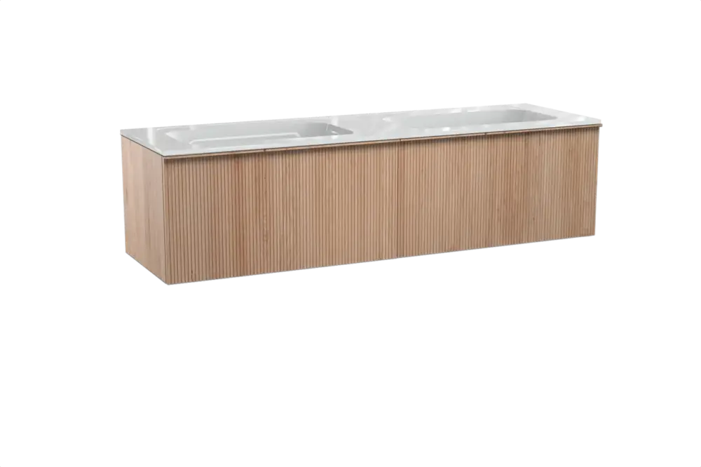 Aktuell Balmani Forma hängendes Möbelstück Set: 180 x 55 cm, Naturbelassene Eiche, mit Tablo Strada Doppelwaschtisch, Marmorkomposit, Weiß glänzend, Vertikale symmetrische gerade Rippe