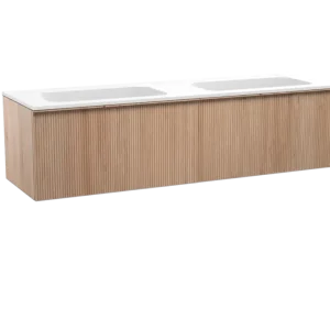 Aktuell Balmani Forma hängendes Möbelstück Set: 180 x 55 cm, Naturbelassene Eiche, mit Tablo Strada Doppelwaschtisch, Marmorkomposit, Weiß matt, Vertikale symmetrische gerade Rippe