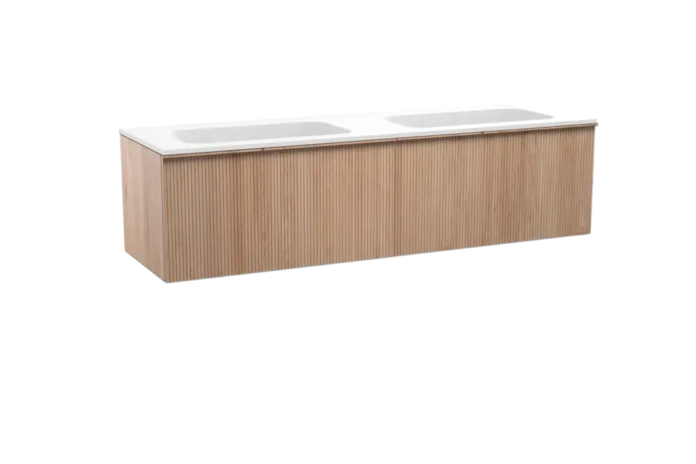 Aktuell Balmani Forma hängendes Möbelstück Set: 180 x 55 cm, Naturbelassene Eiche, mit Tablo Strada Doppelwaschtisch, Marmorkomposit, Weiß matt, Vertikale symmetrische gerade Rippe