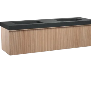 Aktuell Balmani Forma hängendes Möbelstück Set: 180 x 55 cm, Naturbelassene Eiche, mit Napoli Doppelwaschtisch, Granit, Schwarzes Granit, Vertikale symmetrische gerade Rippe