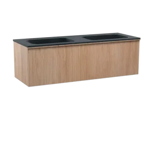 Abverkauf Balmani Forma hängendes Möbelstück Set: 150 x 55 cm, Naturbelassene Eiche, mit Tablo Strada Doppelwaschtisch, Marmorkomposit, Schwarz matt, Vertikale symmetrische gerade Rippe
