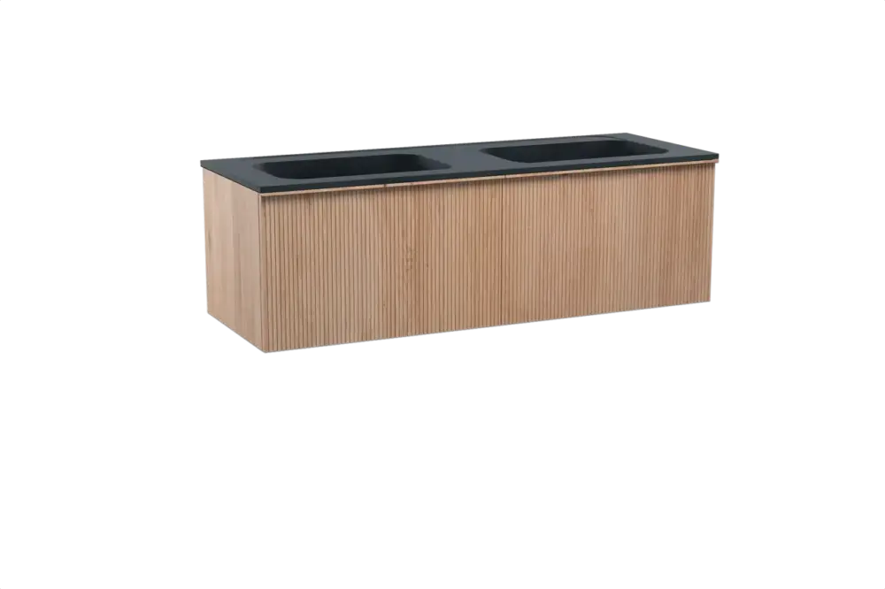Abverkauf Balmani Forma hängendes Möbelstück Set: 150 x 55 cm, Naturbelassene Eiche, mit Tablo Strada Doppelwaschtisch, Marmorkomposit, Schwarz matt, Vertikale symmetrische gerade Rippe