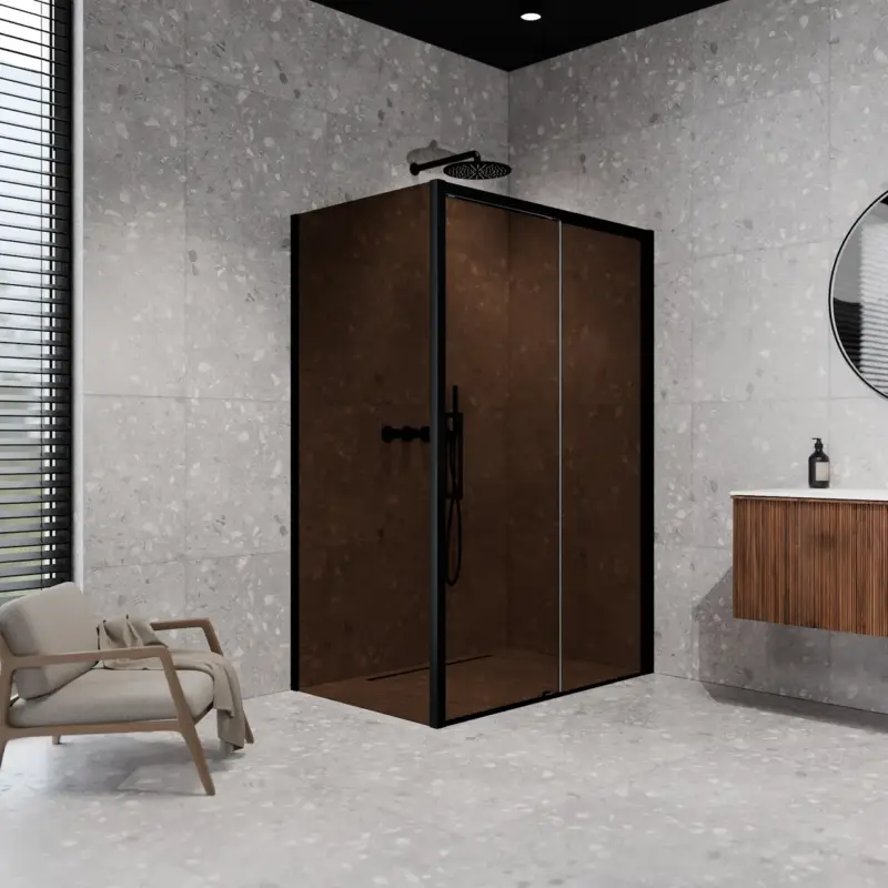 Abverkauf Balmani Senses Design Eckdusche: Schiebetür (Rechts) mit fixierte Seitenwand, 140 x 90 cm, Bronze, Profil Schwarz matt