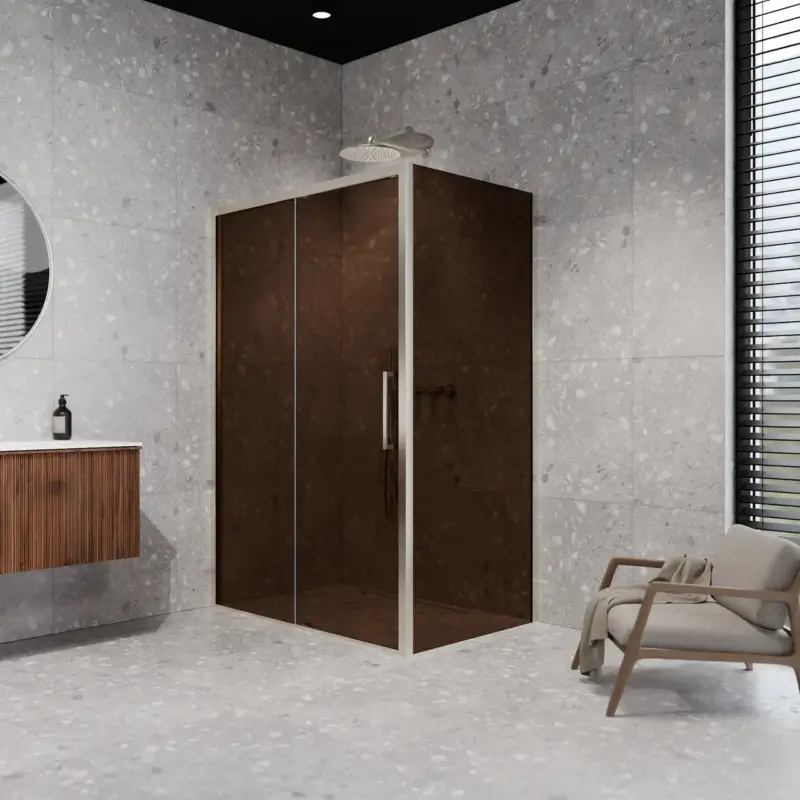 Ausverkauf Balmani Senses Design Eckdusche: Schiebetür (Links) mit fixierte Seitenwand, 120 x 90 cm, Bronze, Profil Brushed CoolMetal