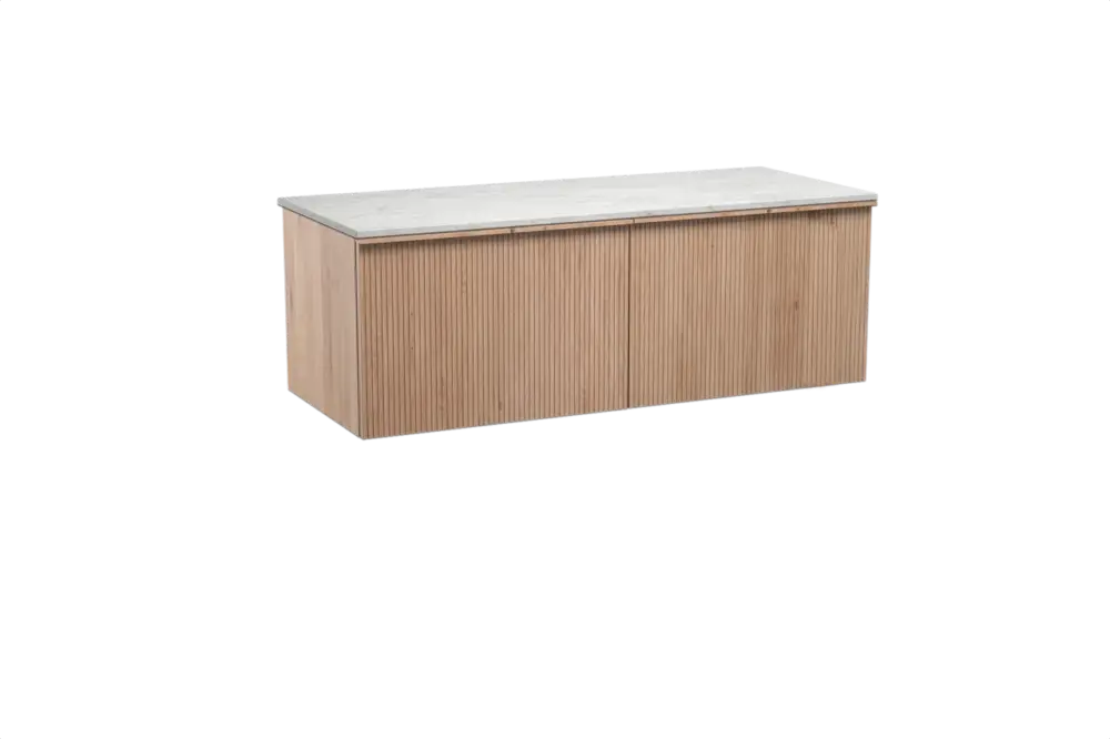 Balmani Forma hängendes Möbelstück Set: 135 x 55 cm, Naturbelassene Eiche, mit Stretto Einzel- oder Doppel Waschtischplatte, Marmor, Carrara, Vertikale symmetrische gerade Rippe Garantierte Lieferung